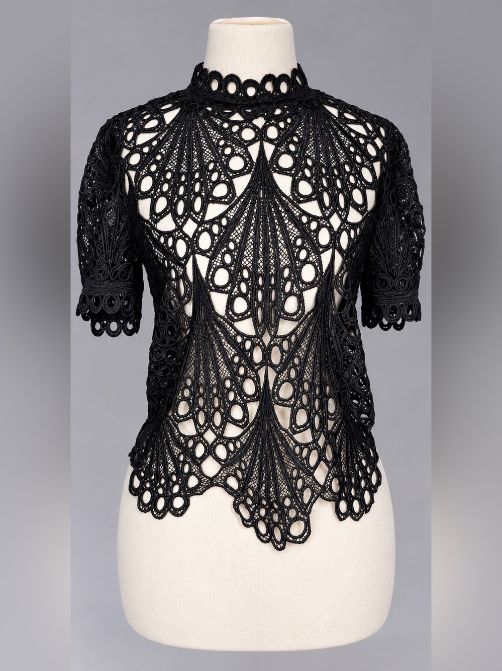 Mele E Pere Black Guipure Lace Blouse S High Neck Zip Sheer Gothic Romantic